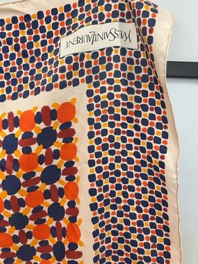 Yves Saint Laurent Peach Silk Scarf with Navy, Orange & Yellow Motif